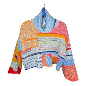 Sincerely Jules Sweater Womens Multicolor Crop Cowl Neck Patchwork Knit Boho XS